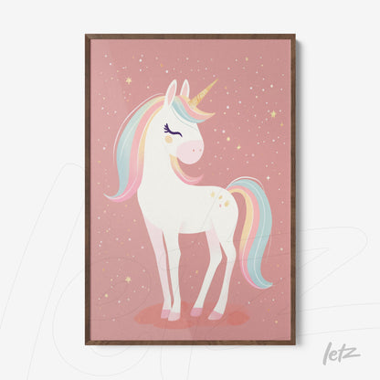 framed children's art of a white unicorn with colorful mane and a pink starry background in a light wood frame