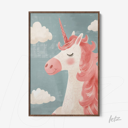 framed artwork featuring a pink unicorn against a blue background with light clouds