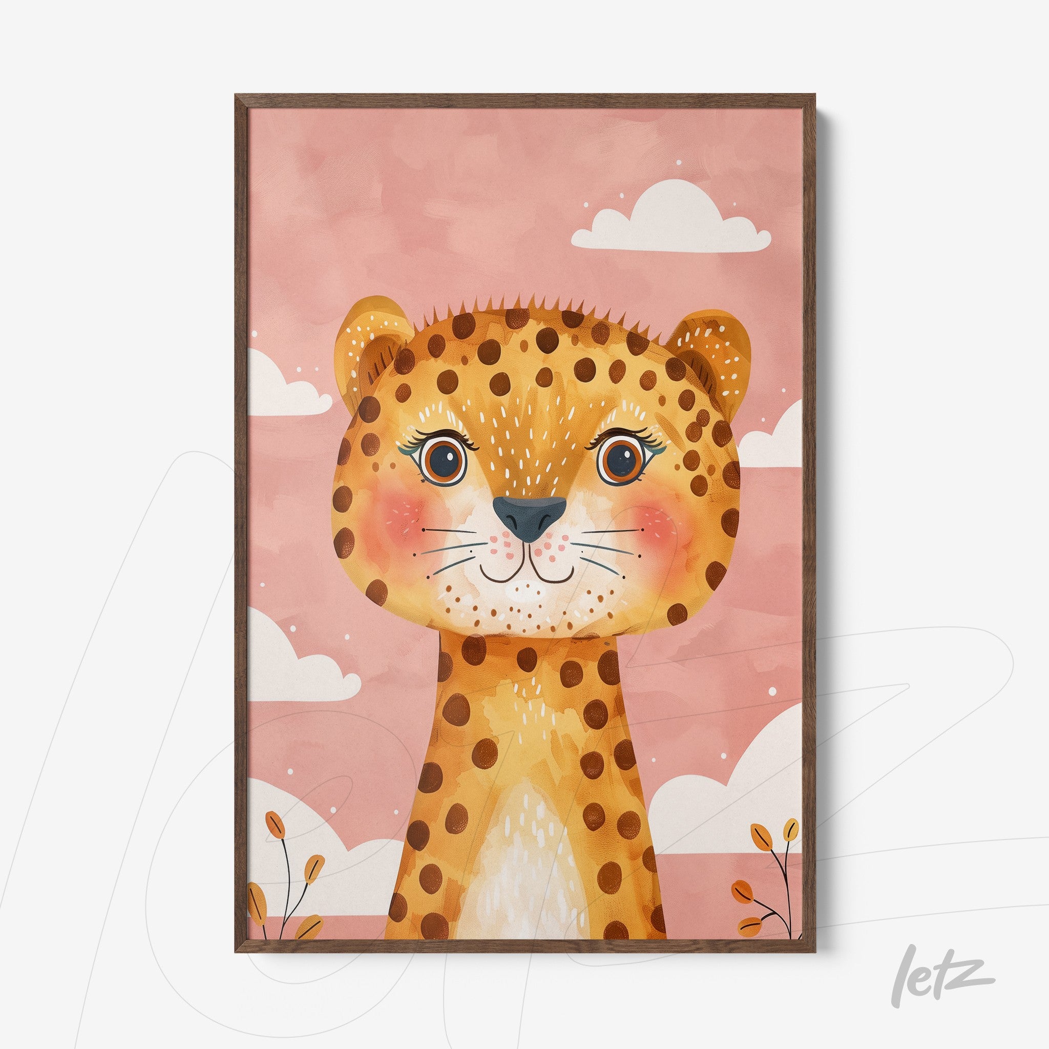 framed children's art of a leopard on pink background with white clouds and light wooden frame