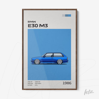 framed wall art featuring a stylized illustration of a BMW E30 M3 car against a blue background with a dark wood frame