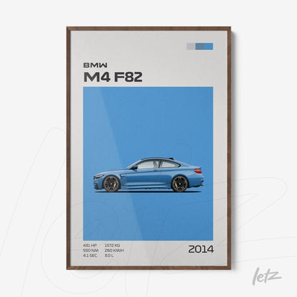 framed wall art featuring minimalist design of BMW M4 F82 against vibrant blue background with dark wood frame
