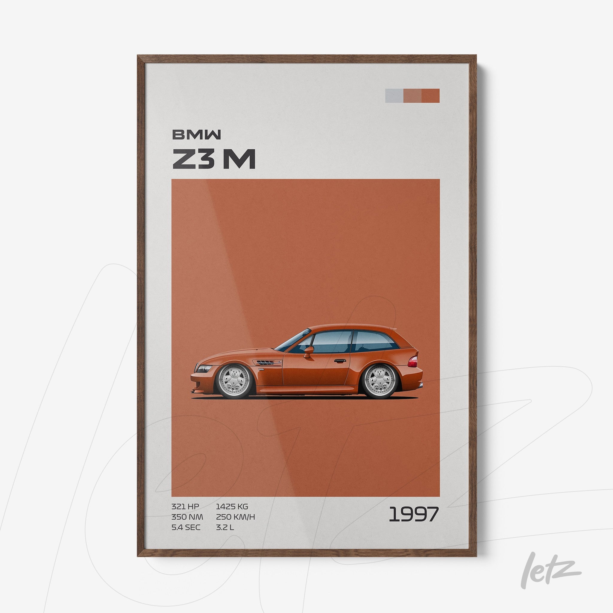 framed artwork featuring a minimalist illustration of an orange BMW Z3M with dark wooden frame
