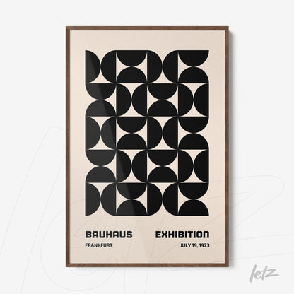 modern bauhaus poster print with black geometric shapes on beige background and wooden frame