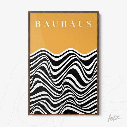 bauhaus style framed art with black and white waves on an orange background, wooden frame