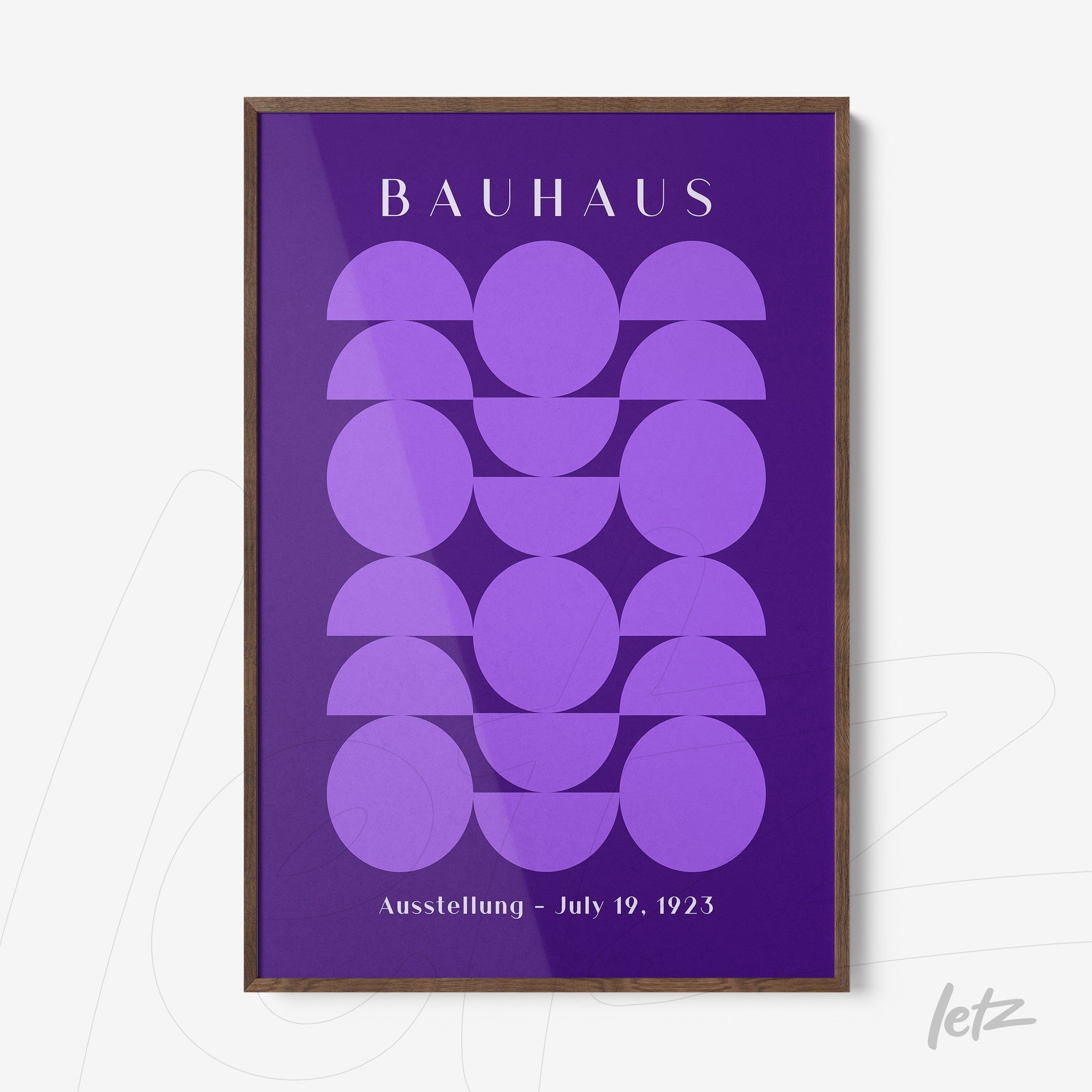 bauhaus style poster print in purple with geometric shapes and thin wooden frame