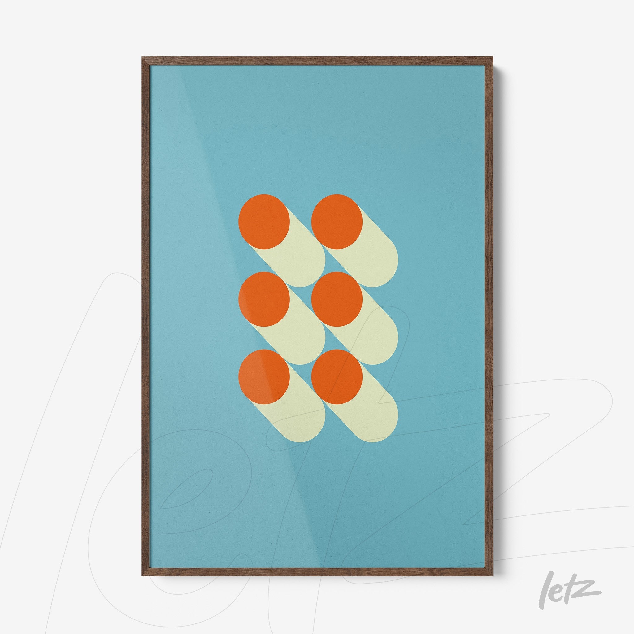 abstract geometric art with orange circles and shadows on a blue background, framed in wood