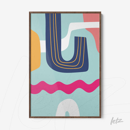 ```json
{
  "alt": "quadro moderno com formas geométricas abstratas em azul, laranja e rosa dentro de moldura de madeira",
  "alt_en": "modern framed art with abstract geometric shapes in blue, orange, and pink in wooden frame"
}
```