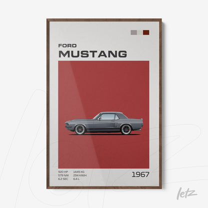 framed wall art featuring a 1967 Ford Mustang illustration on a red background with a dark wood frame