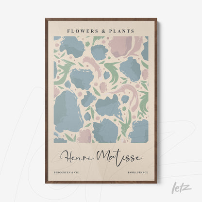 decorative frame featuring abstract floral and plant art in light wood frame
