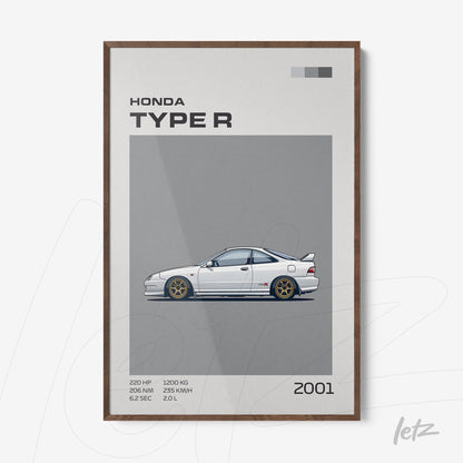 framed minimalist illustration of the 2001 Honda Type R car with dark wood frame