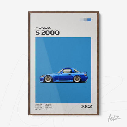 framed wall art depicting the honda s2000 car in vibrant blue background