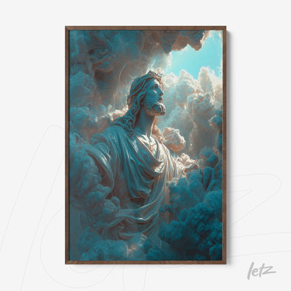 framed religious artwork of an angelic figure emerging from clouds with dark wooden frame
