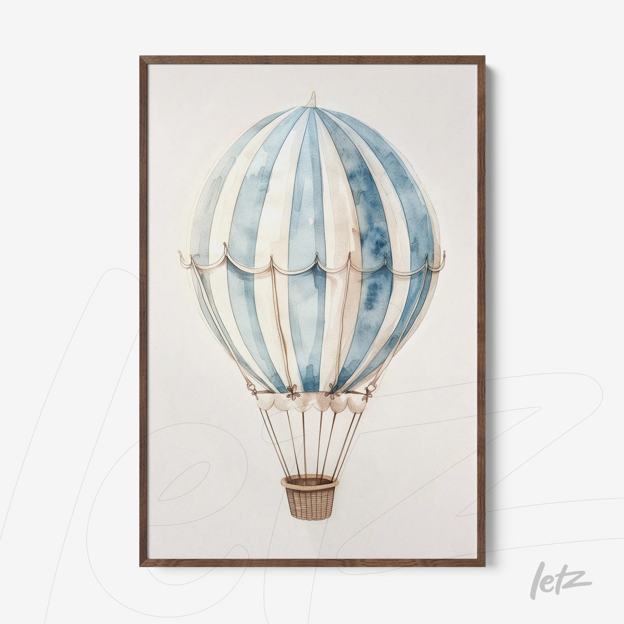 framed art of a hot air balloon in shades of blue and white with light wood frame