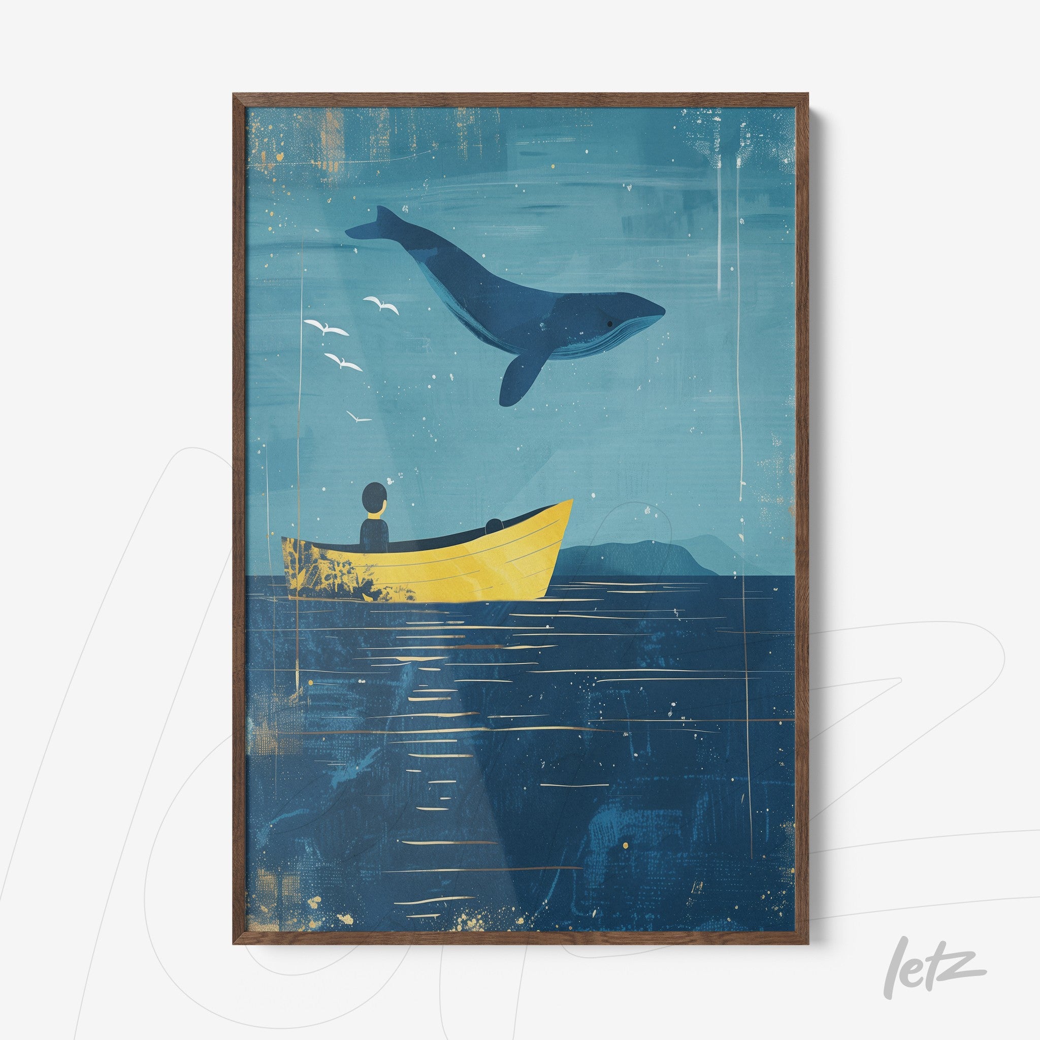 framed artwork depicting a marine scene with a yellow boat and a whale jumping