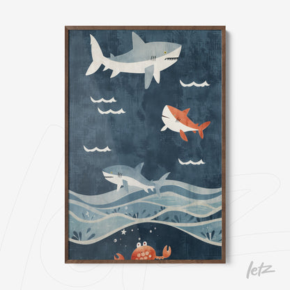 framed artwork featuring swimming sharks against a blue background with waves and a crab at the bottom