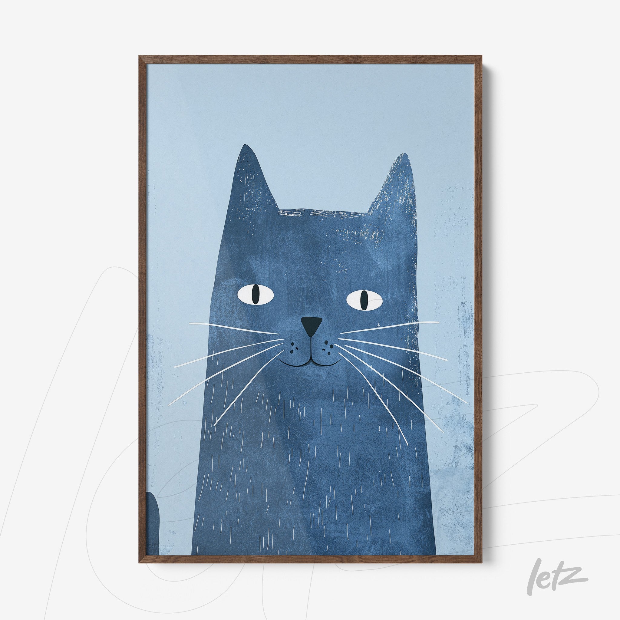 framed digital artwork featuring a blue cat illustration on a light background with dark wood frame