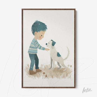 framed illustration of a boy interacting with a dog on a neutral background with dark wood frame