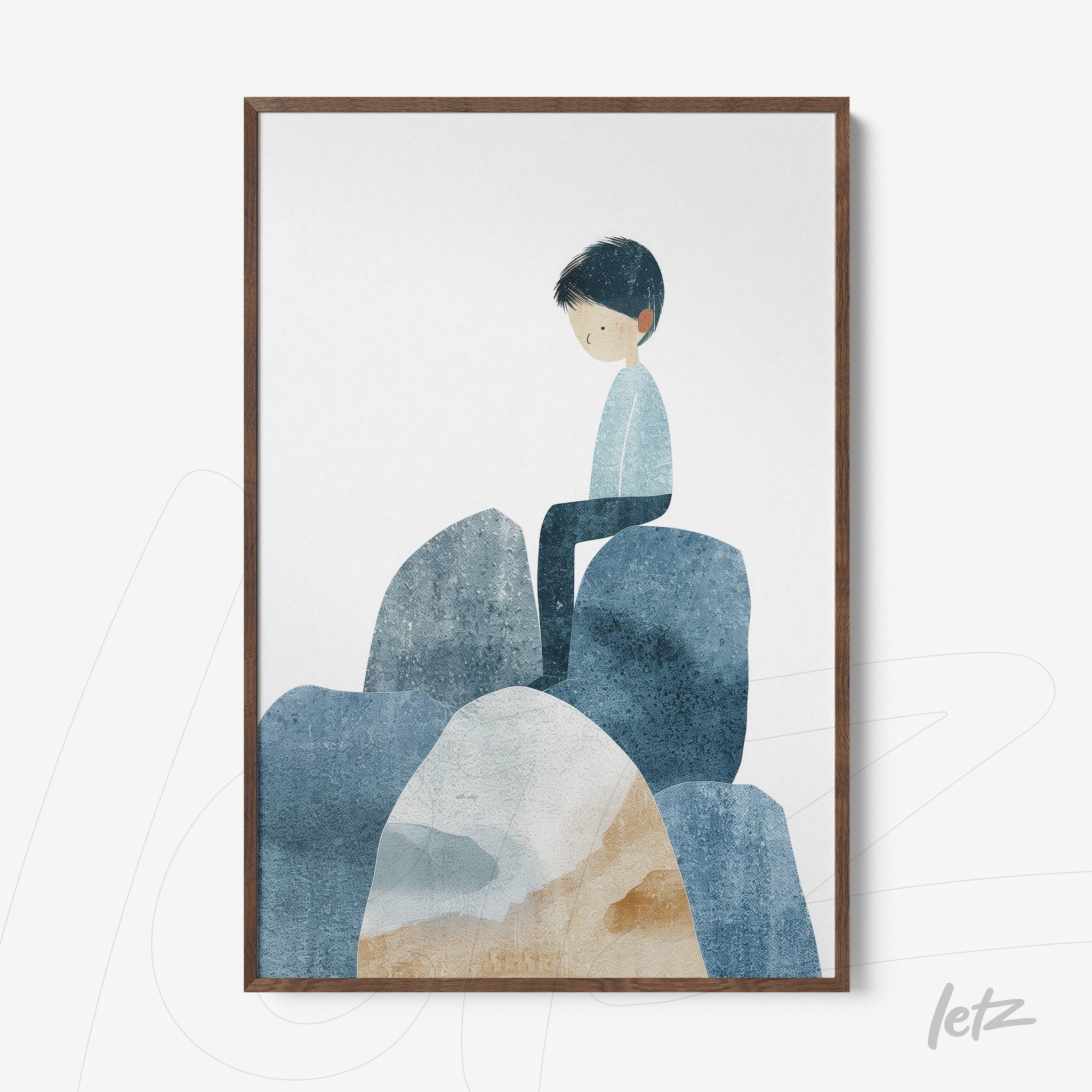 framed illustration of a boy sitting on rocks in shades of blue and brown with a dark wood frame