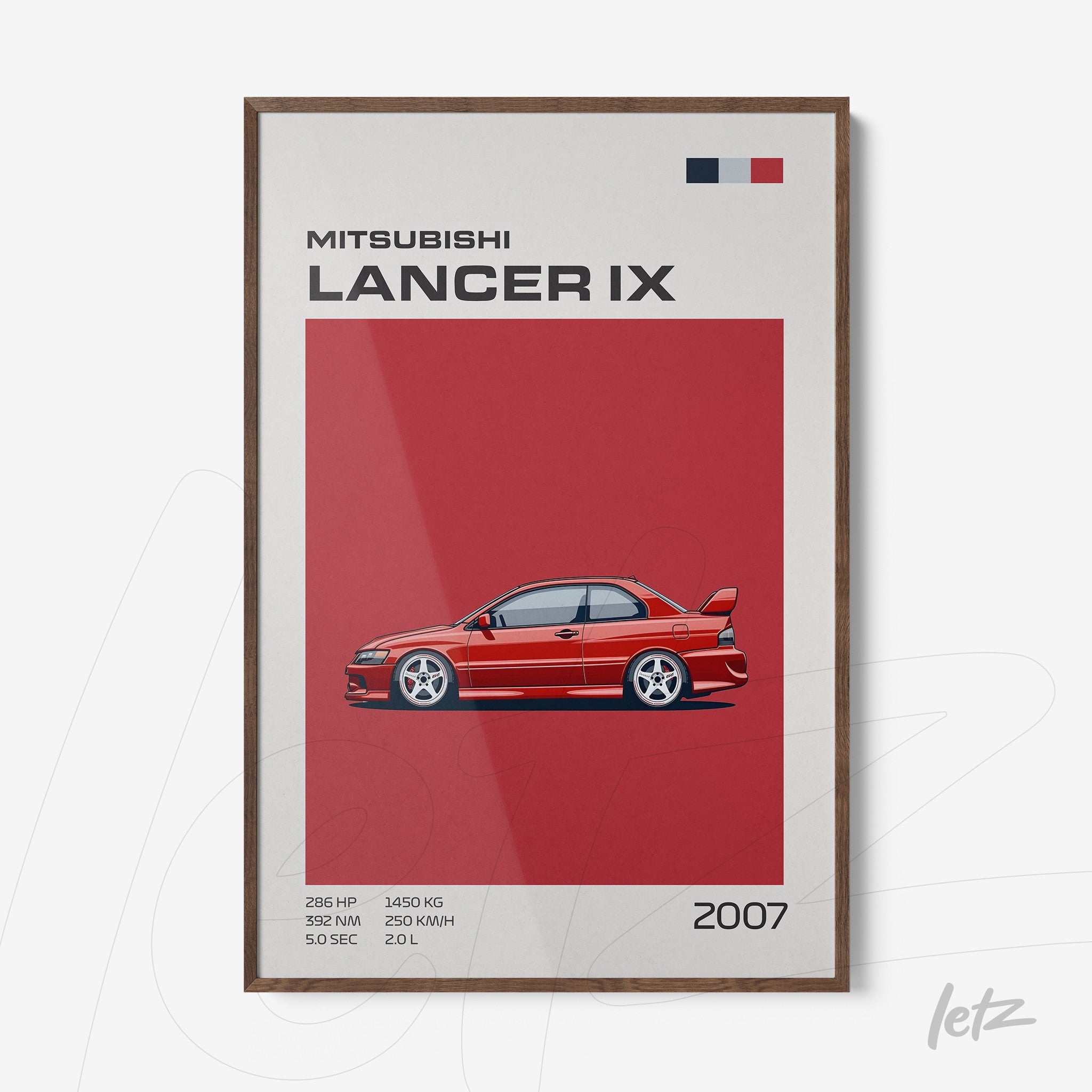 decorative wall art featuring an illustration of the Mitsubishi Lancer IX on a red background with a wooden frame