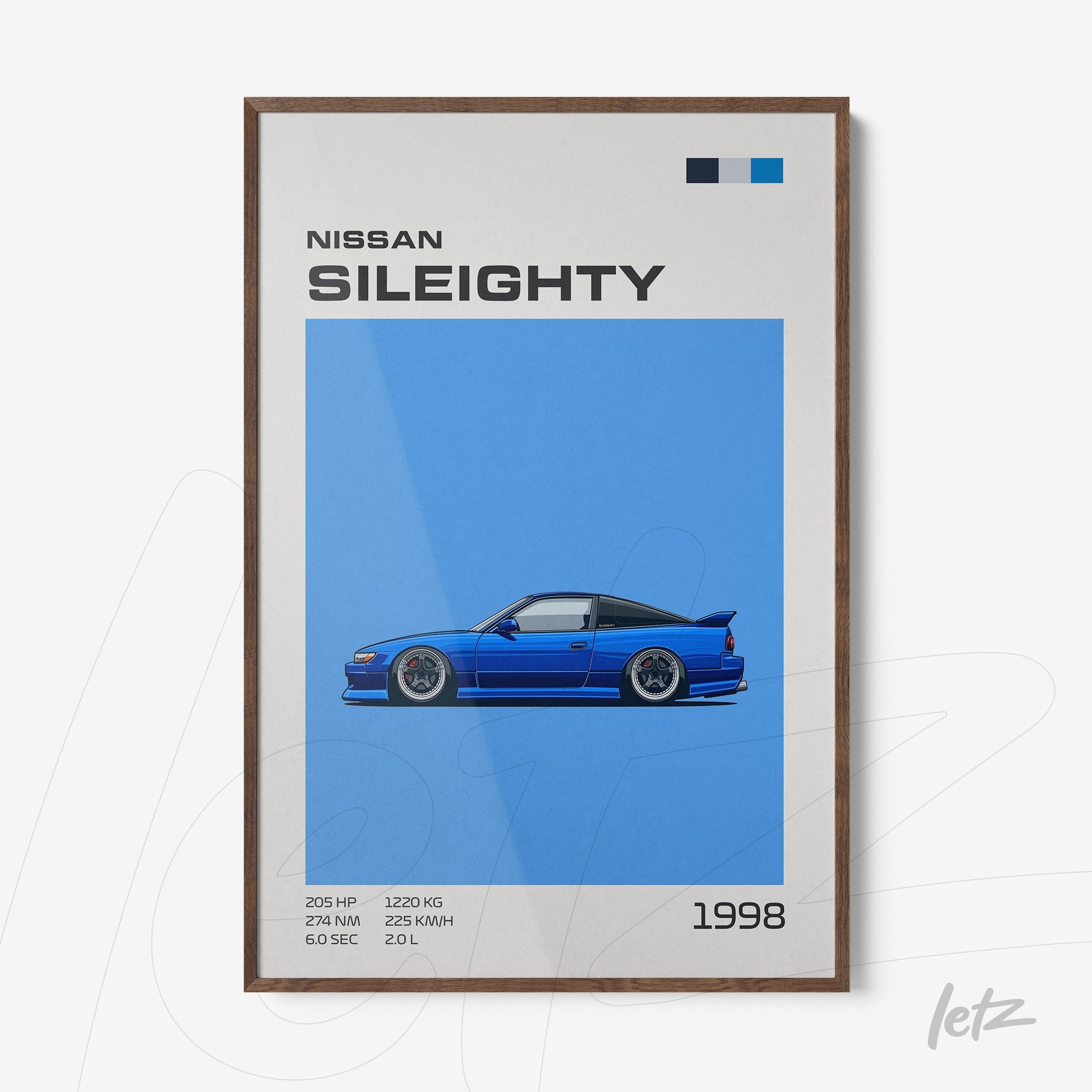framed digital art of a Nissan Sileighty car against a blue background with dark wooden frame