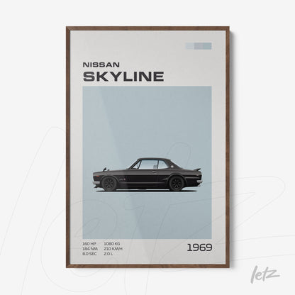 framed artwork of the 1969 Nissan Skyline in dark wood frame