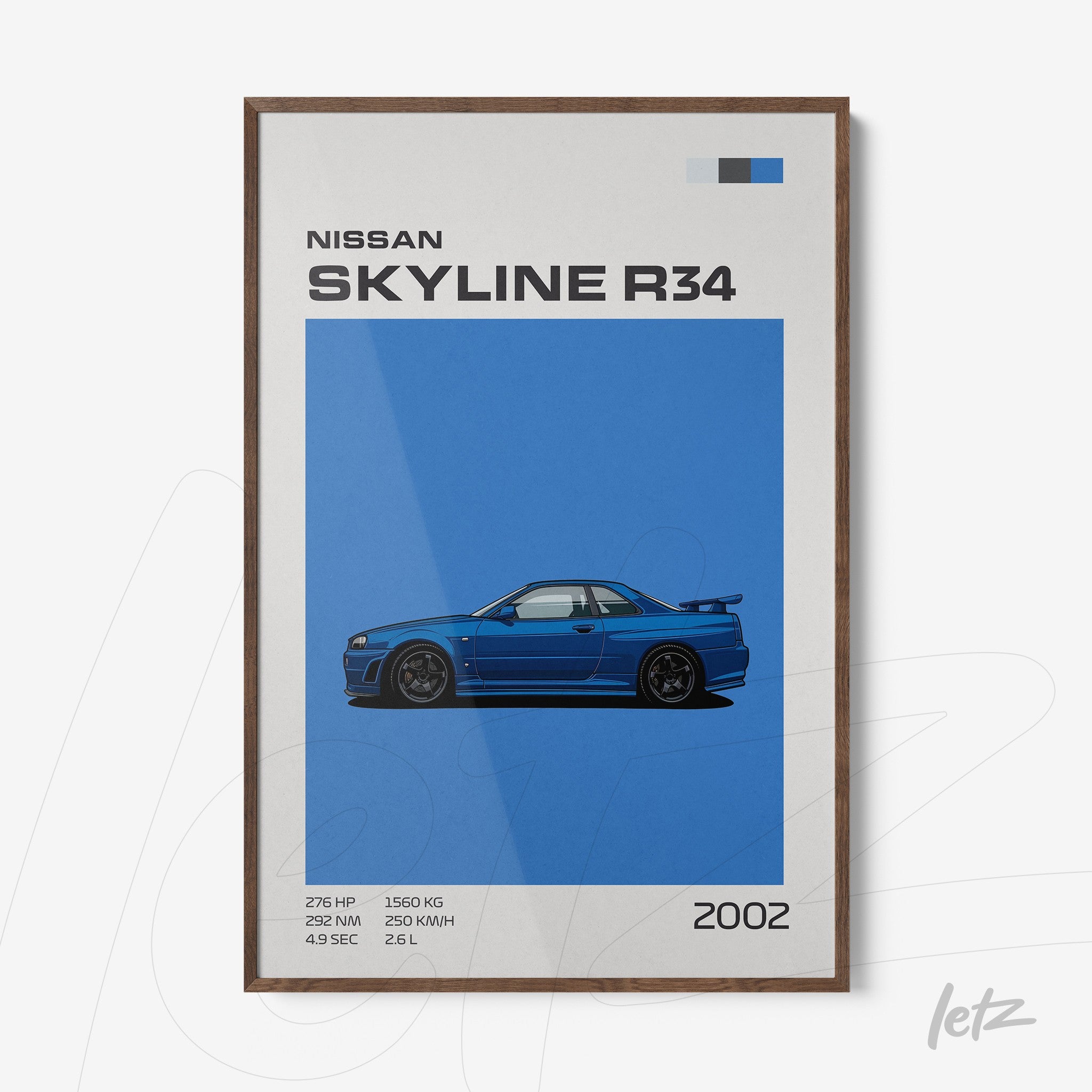 decorative wall art featuring an illustration of the Nissan Skyline R34 on a blue background with dark wood frame