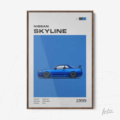framed digital art of the 1999 Nissan Skyline against a blue background with a brown frame