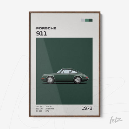 framed wall art featuring a minimalist illustration of a green Porsche 911 on a dark background with a light wooden frame