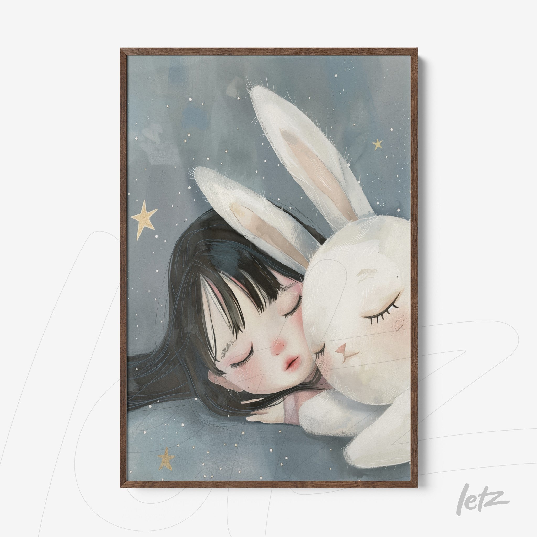framed children's artwork of a girl sleeping next to a white bunny with a dark wooden frame