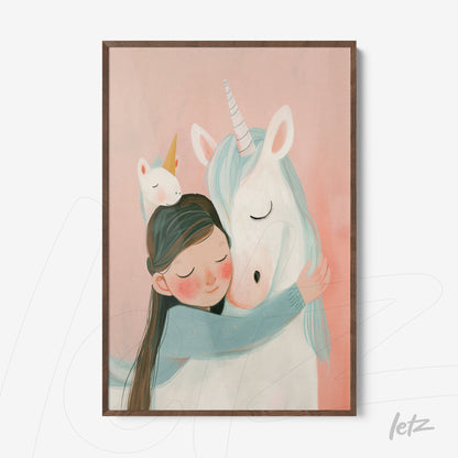 framed artwork of a girl hugging a unicorn with a soft pink background