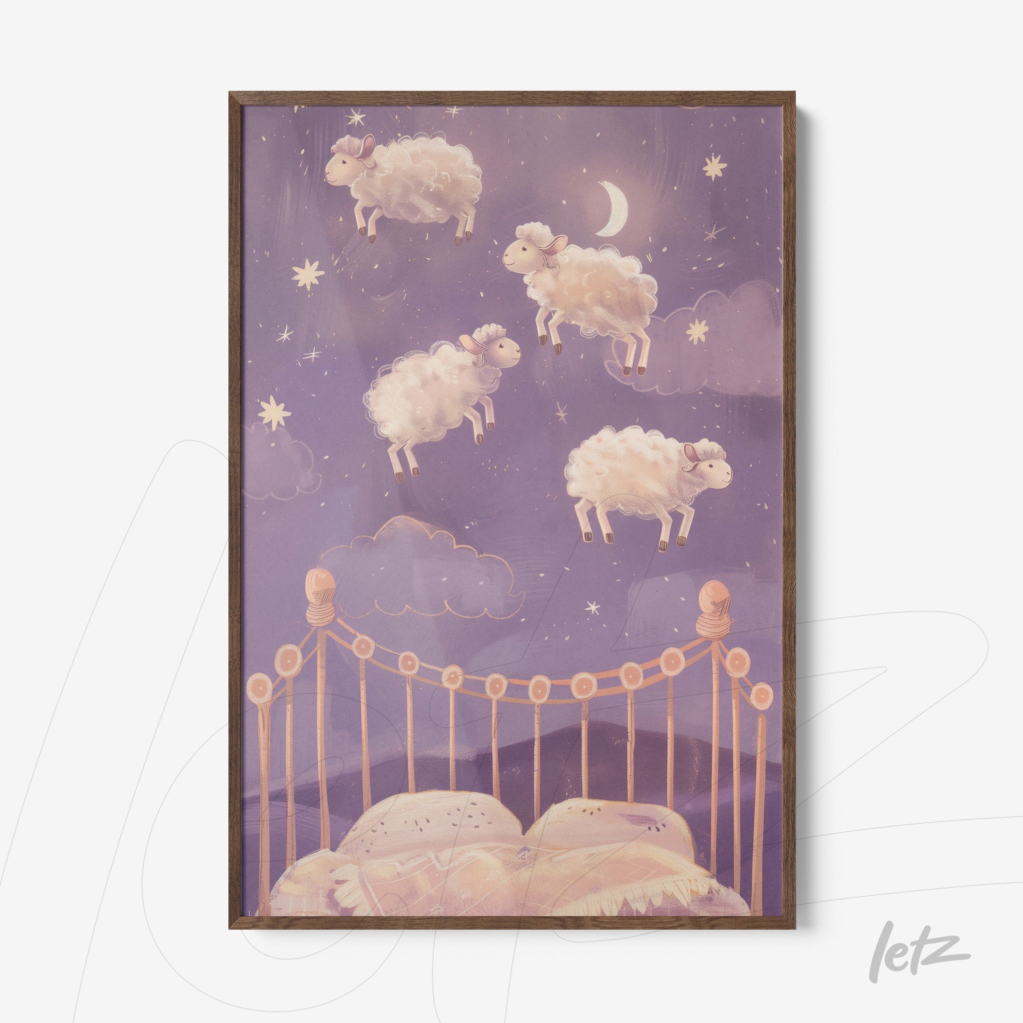 framed wall art depicting fluffy sheep jumping over a starry sky with a dark wooden frame