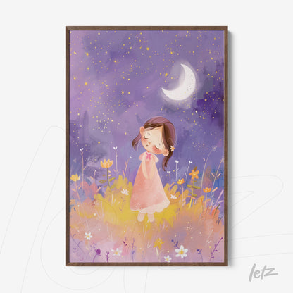 digital artwork featuring a dreaming girl under a starry sky, with a purple background and colorful flowers in the foreground, dark wood frame