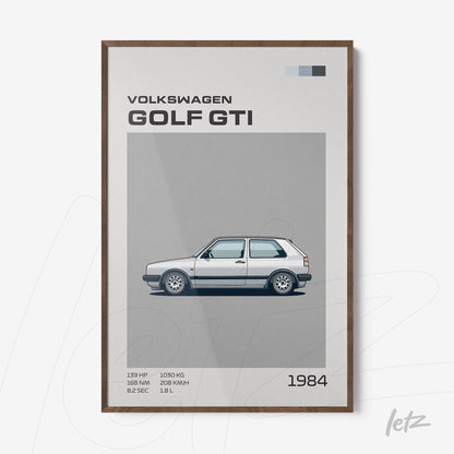 framed artwork featuring a 1984 Volkswagen Golf GTI illustration with dark wood frame