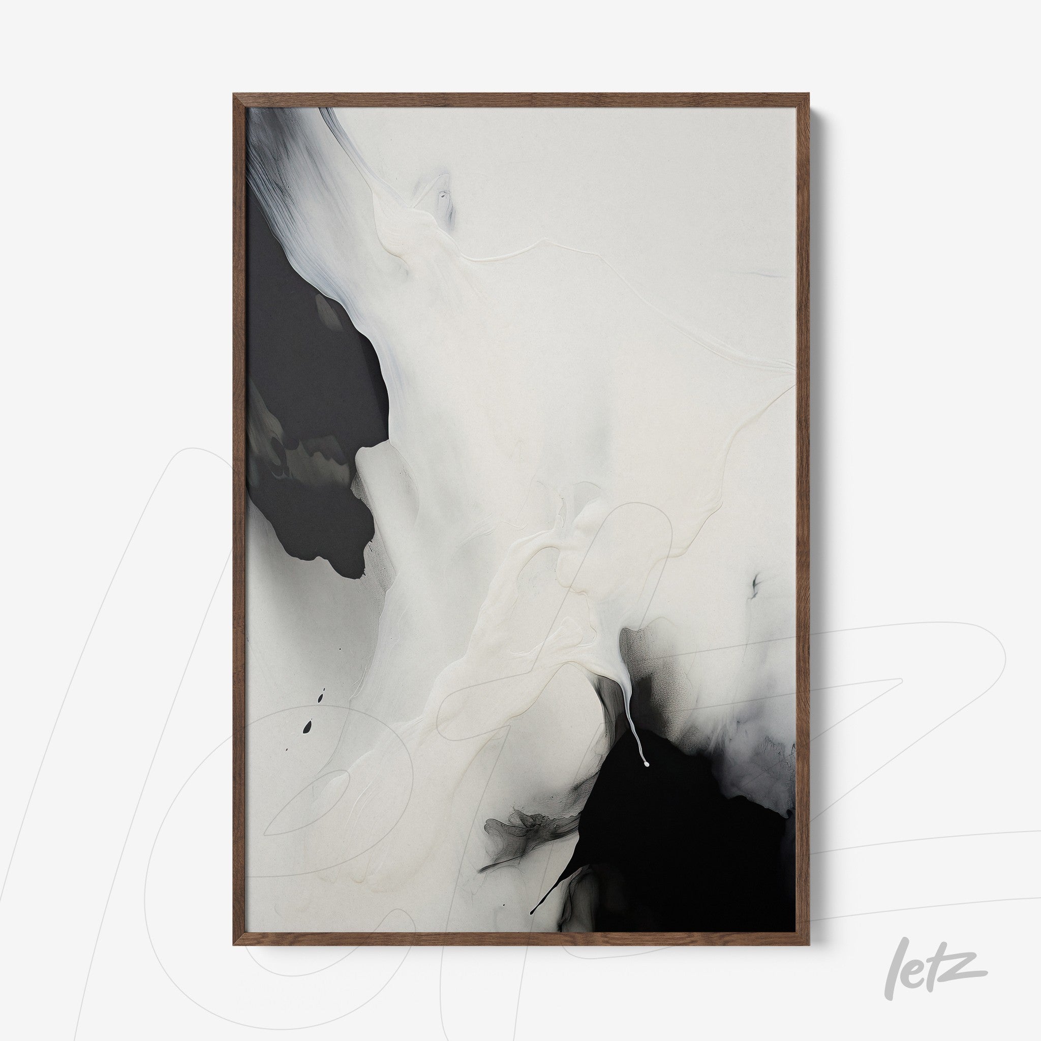 abstract art framed in dark wood featuring black and white tones