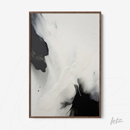 abstract art framed in dark wood featuring black and white tones