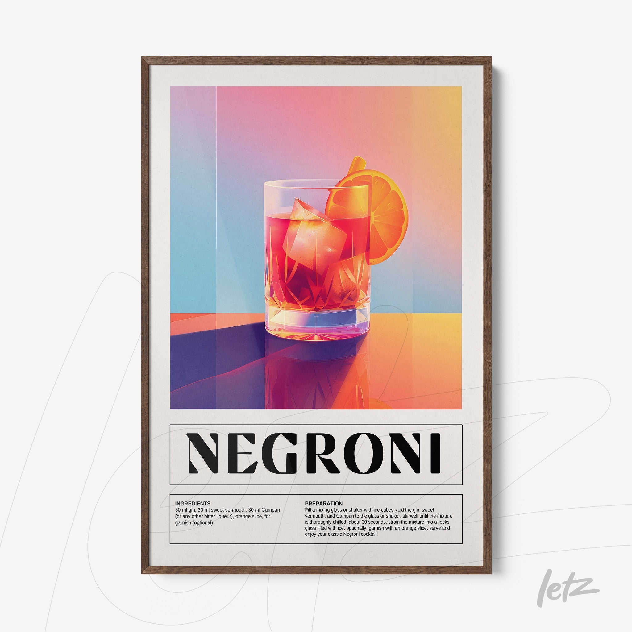 vibrant digital art of negroni cocktail in light wood frame