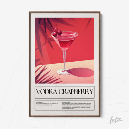 framed wall art featuring a stylized vodka cranberry cocktail with a dark wooden frame