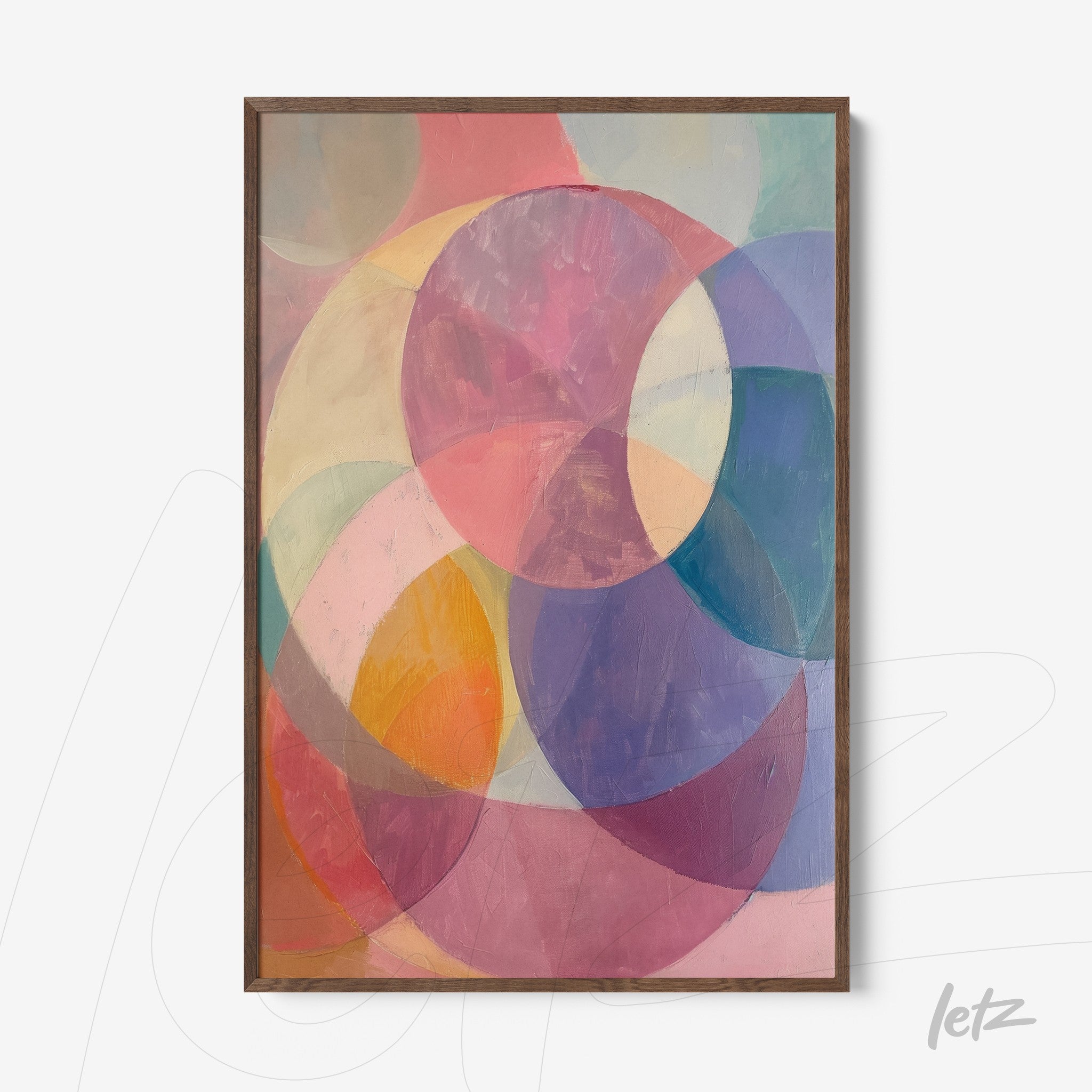 abstract wall art featuring colorful overlapping circles on a soft background in brown frame