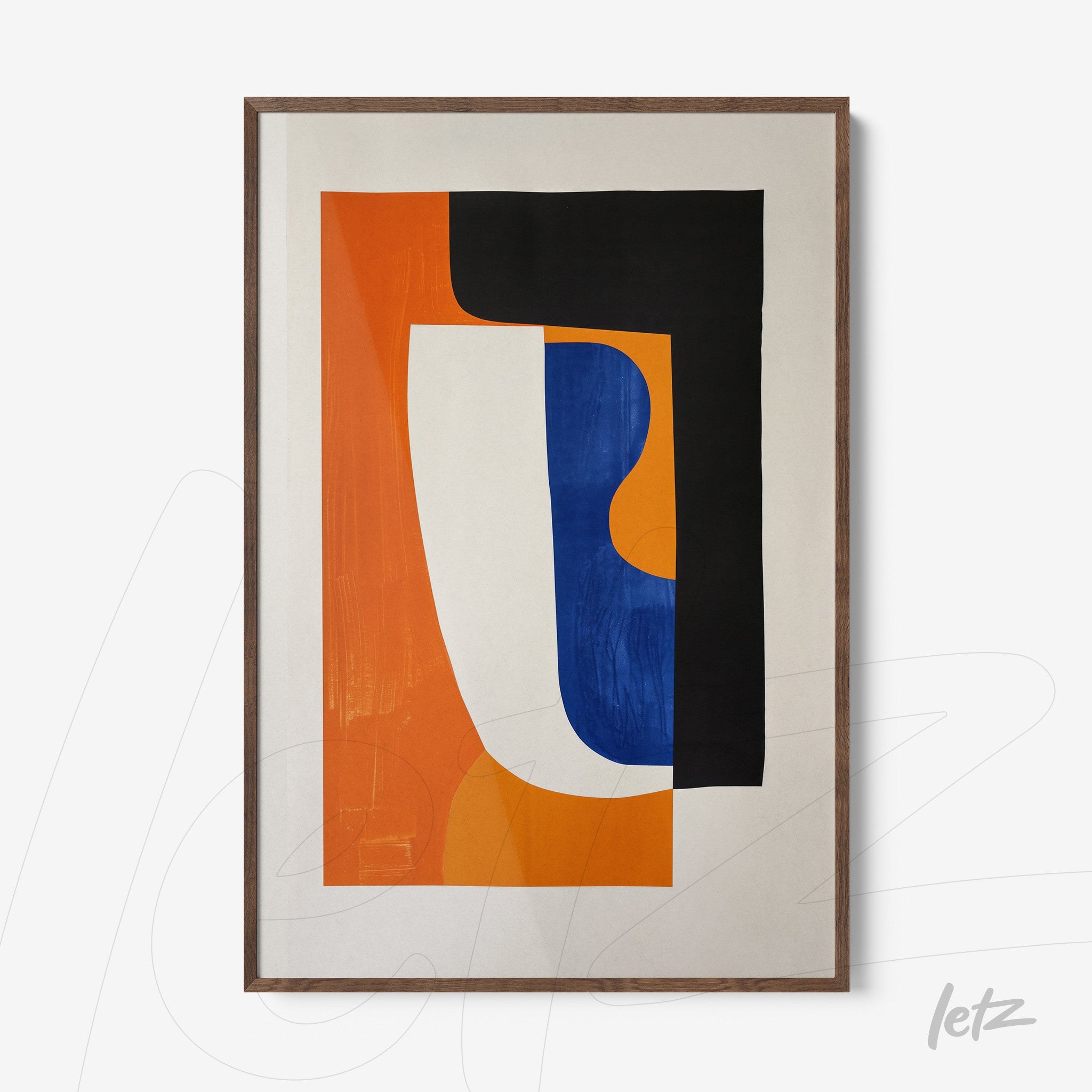 framed wall art featuring abstract shapes in blue, orange, and black with light wood frame