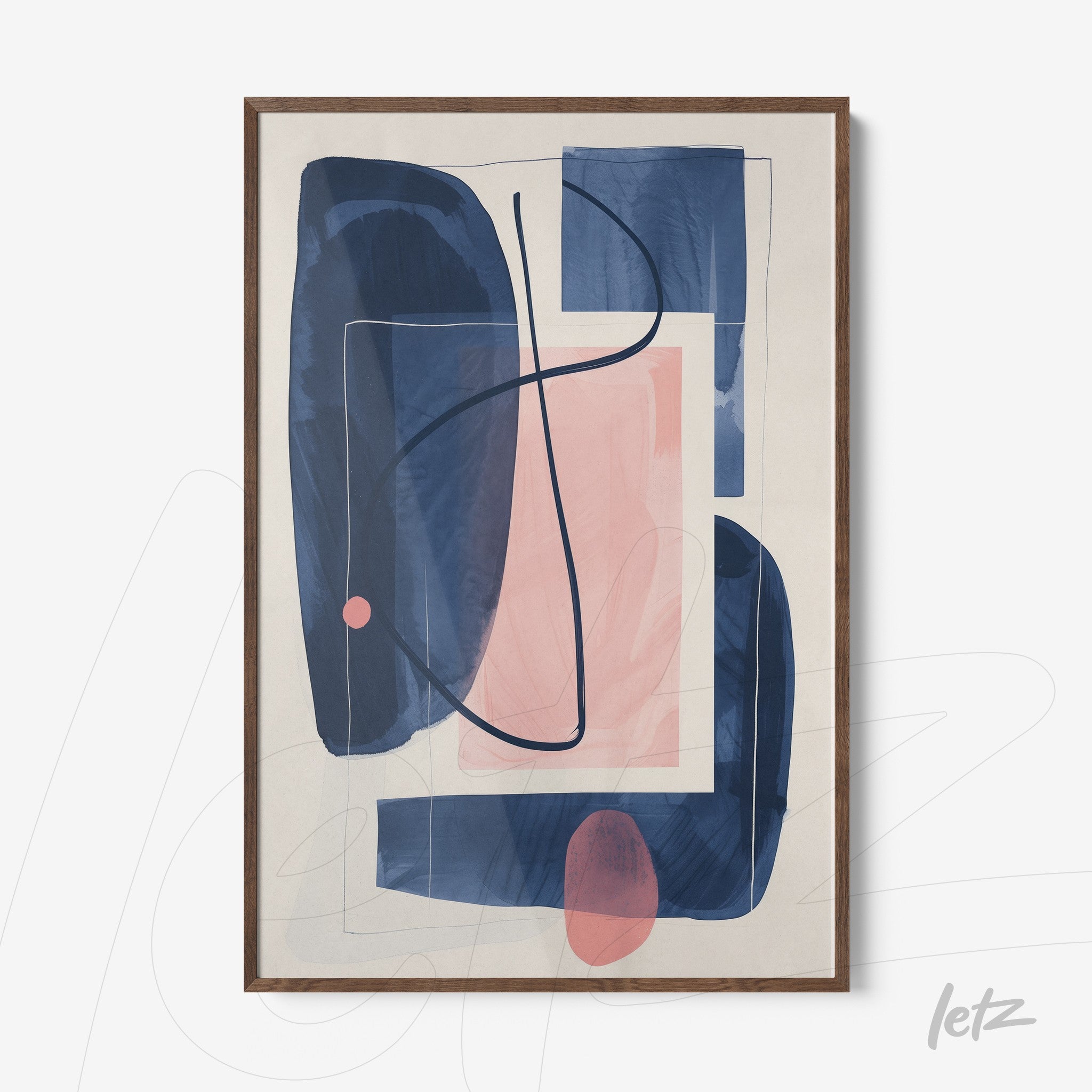 framed wall art featuring abstract design in shades of blue and pink with geometric shapes on light background and dark wood frame