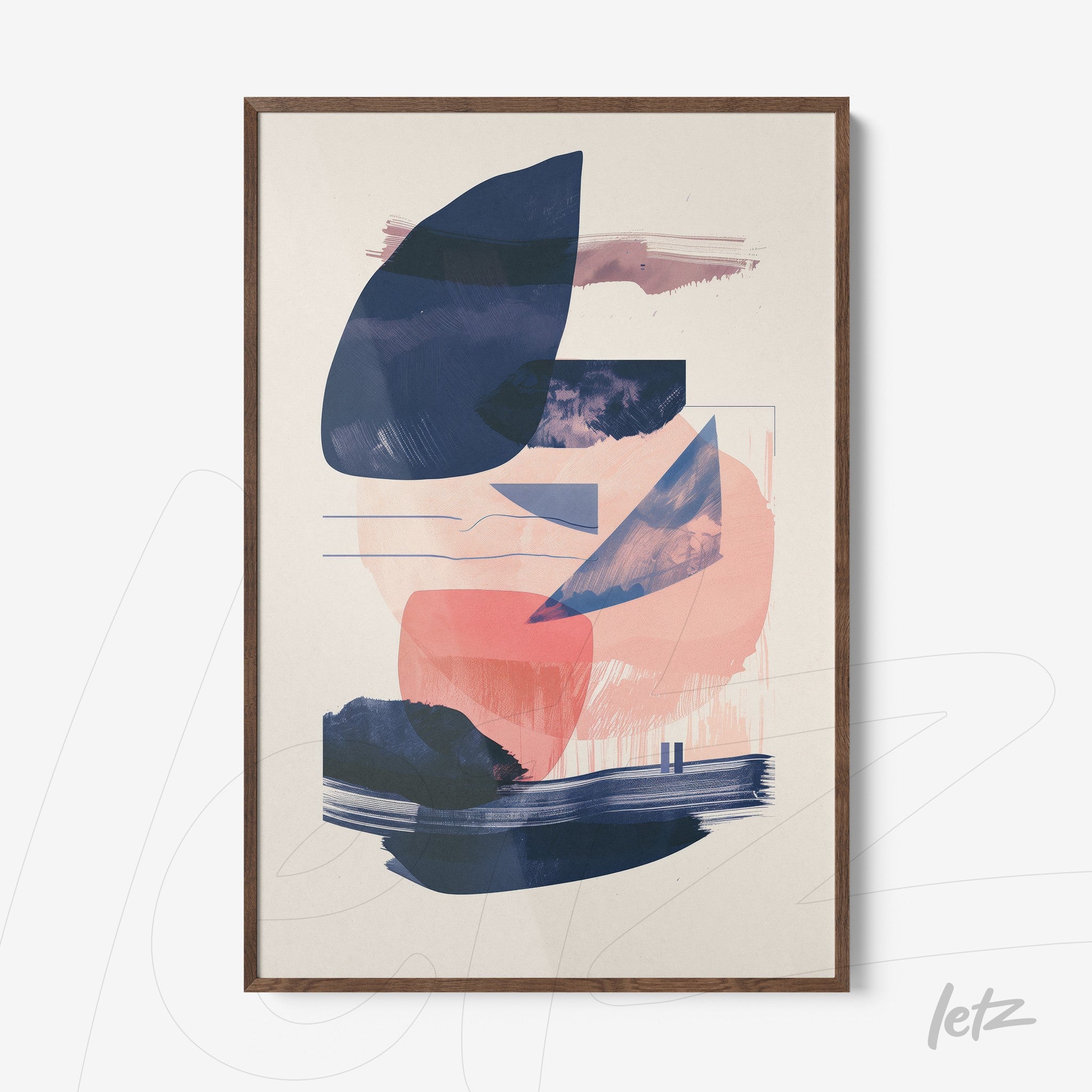 framed wall art featuring abstract design in shades of blue and pink on light background