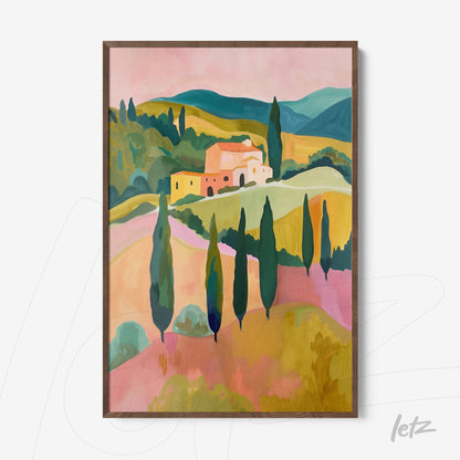 framed abstract artwork of a tuscan landscape with dark wood frame