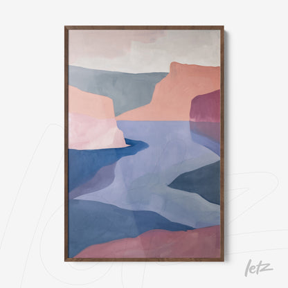 framed abstract artwork in shades of pink and blue featuring a river landscape