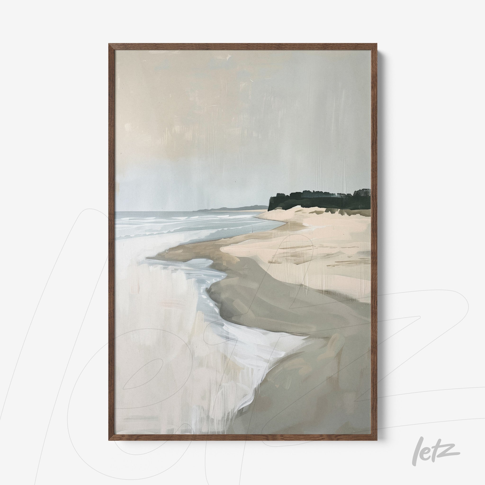 framed abstract art of a serene beach landscape featuring light sand and calm water