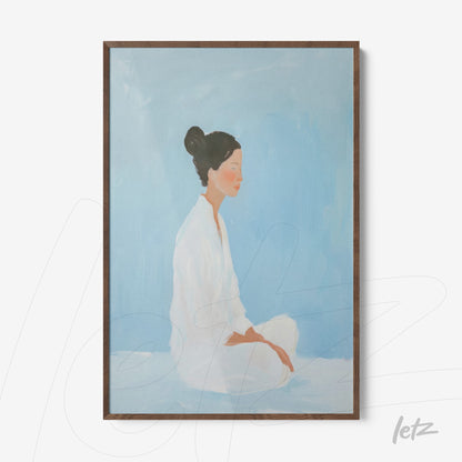 framed art depicting a seated woman against a light blue background with a dark wood frame
