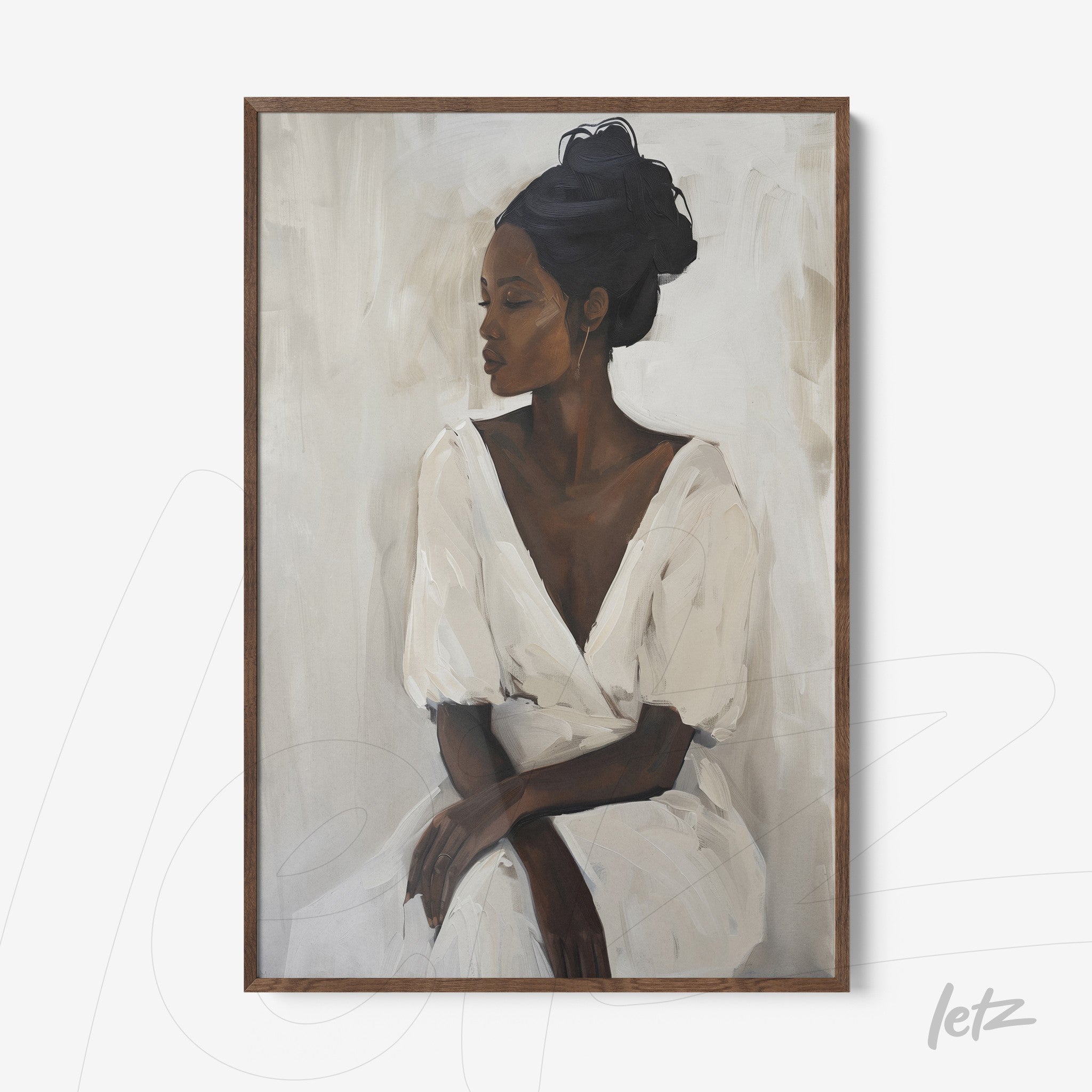 framed wall art featuring a serene portrait of a woman with a soft expression in a white dress