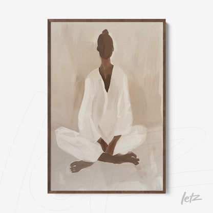 framed abstract art of a meditating human figure in neutral tones with dark wood frame