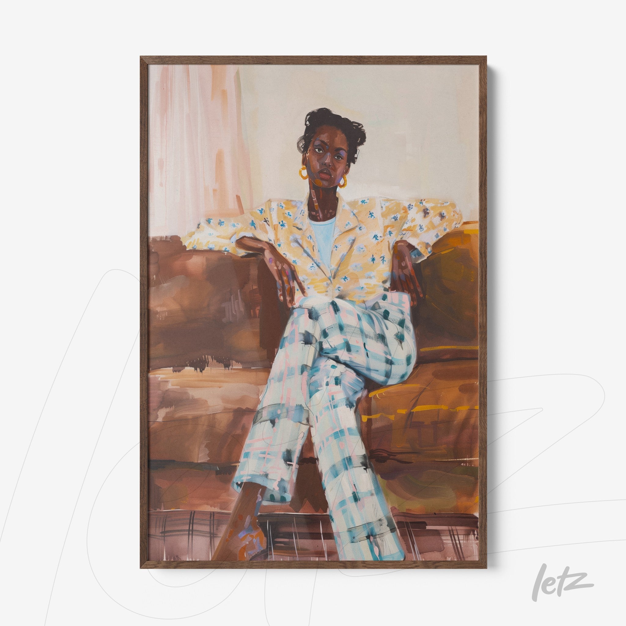 framed artwork depicting a seated woman in a patterned blazer and plaid pants