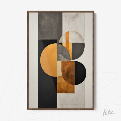 abstract wall art featuring geometric shapes in shades of gold, black, and gray with a dark wood frame