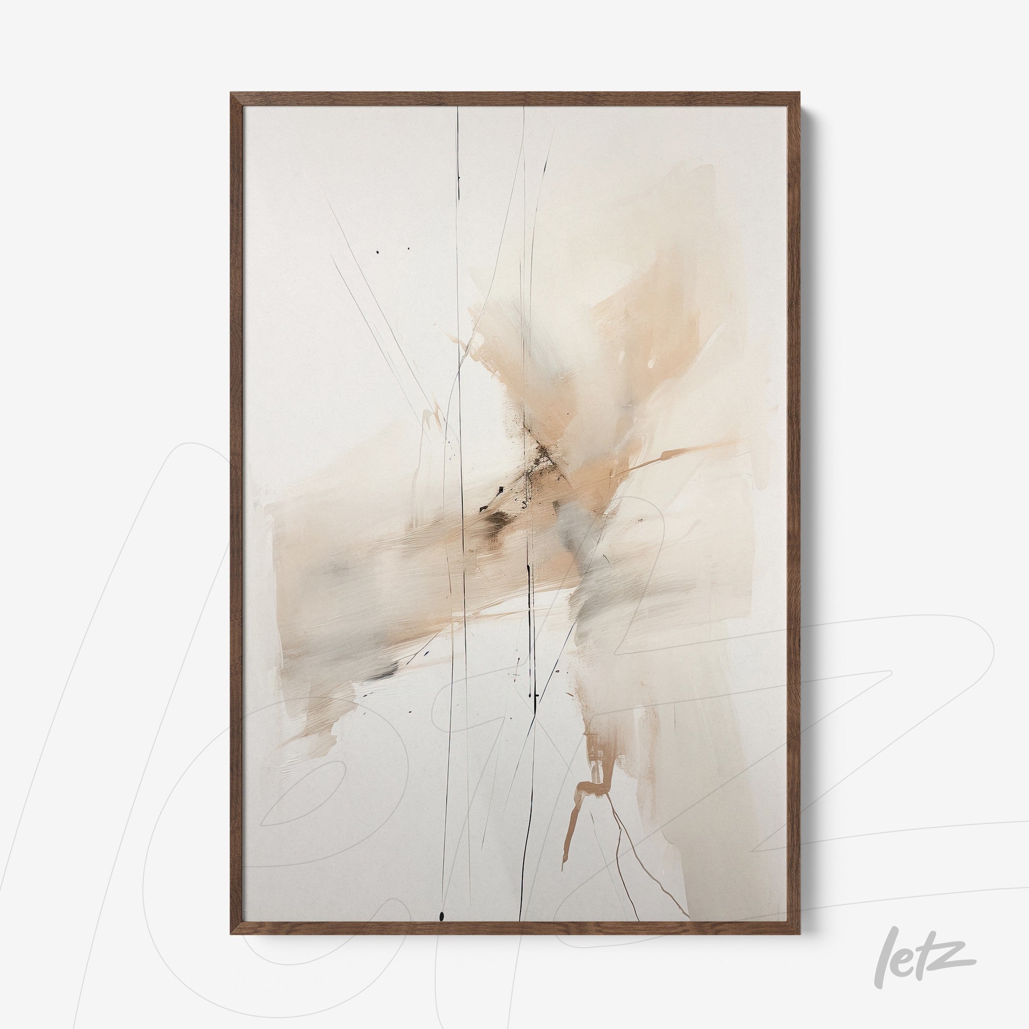 abstract wall art in neutral tones featuring fluid brush strokes and light wood frame